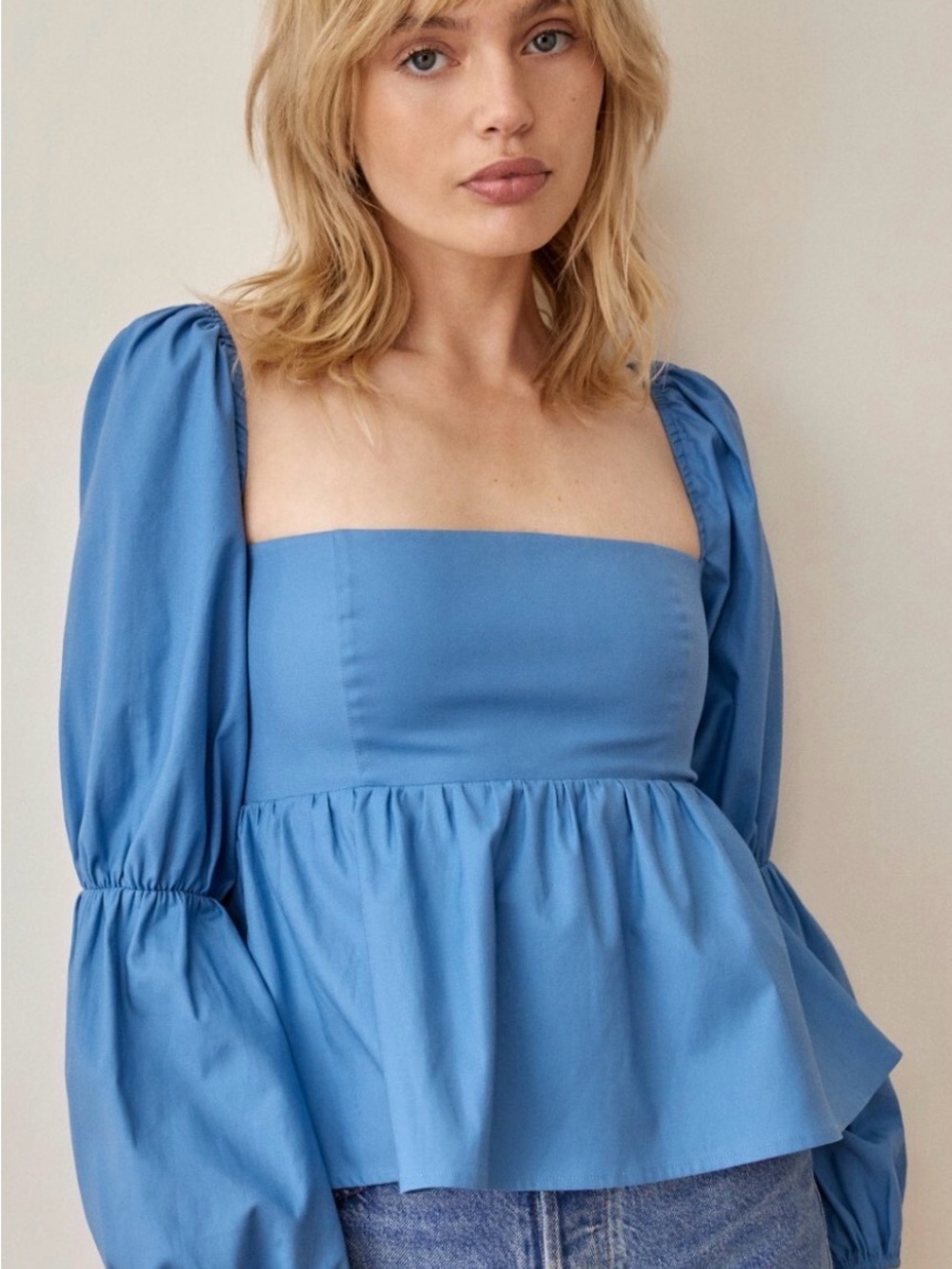 Reformation Jaxley Top Azure Blue Size 2 Puff Sleeve Babydoll Top Organic Cotton